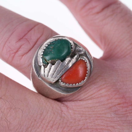 Vintage Navajo Sterling turquoise and coral men's ring