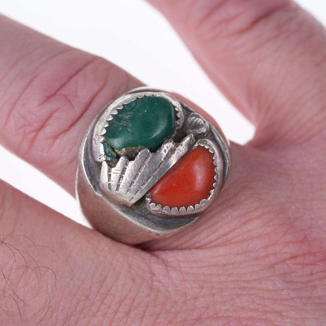 复古纳瓦霍纯银绿松石和珊瑚男士戒指
