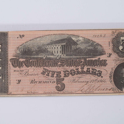 Uncirculated 1864 Confederate States American Currency Richmond 5 dollars