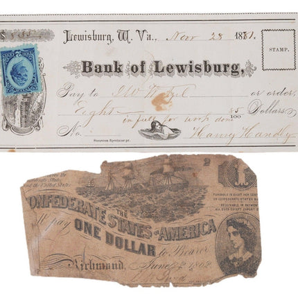 1881 US 2 Cent US-Steuerstempel auf Scheck der Bank of Lewisburg West Virginia mit Konföderierten-Dollar