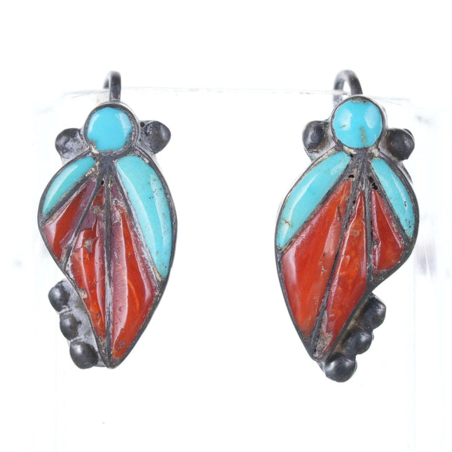 c1940 年代美洲原住民纯绿松石/珊瑚槽镶嵌螺丝背耳环