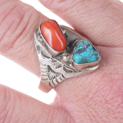 sz13 c1960's  Navajo sterling, coral, and turquoise ring