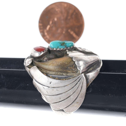 Gr. 12 c1960er Navajo-Ring aus Sterlingsilber, Koralle und Türkis
