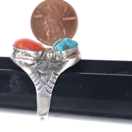 sz13 c1960 纳瓦霍纯银、珊瑚和绿松石戒指