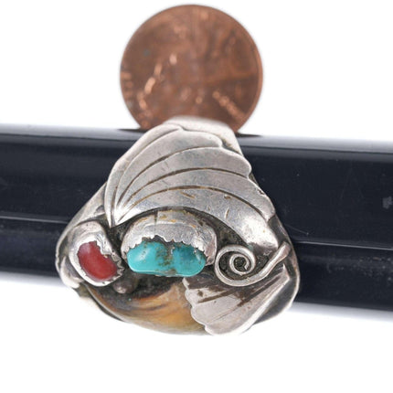 Gr. 12 c1960er Navajo-Ring aus Sterlingsilber, Koralle und Türkis