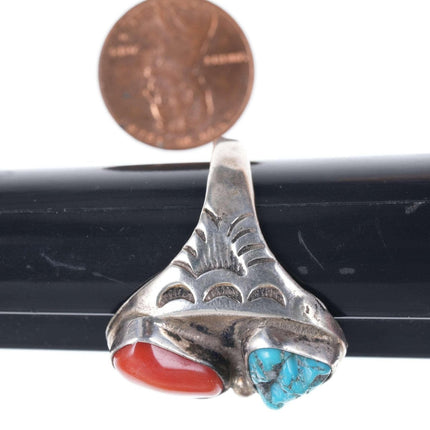 Gr. 13 c1960er Navajo-Ring aus Sterlingsilber, Koralle und Türkis