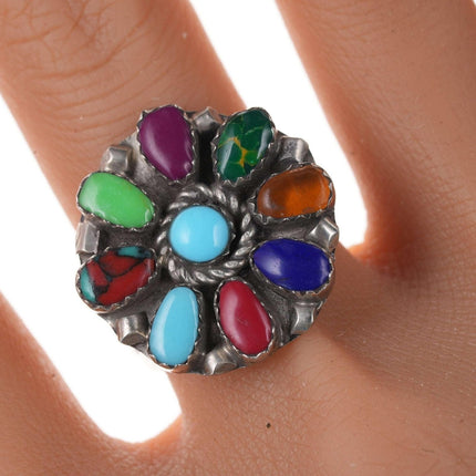 sz9.75 Vintage Zuni Native American Sterling Multi-Stone cluster ring