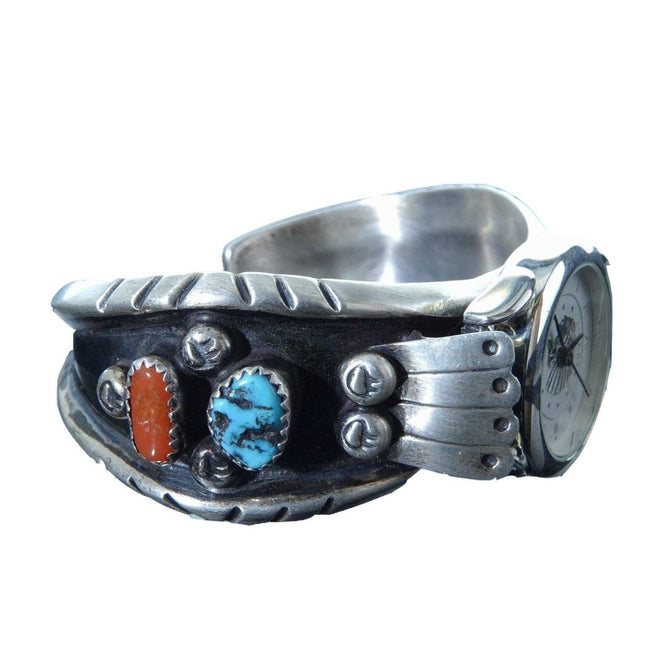 6" Vintage Navajo Sterling Turquoise & Coral Watch Bracelet