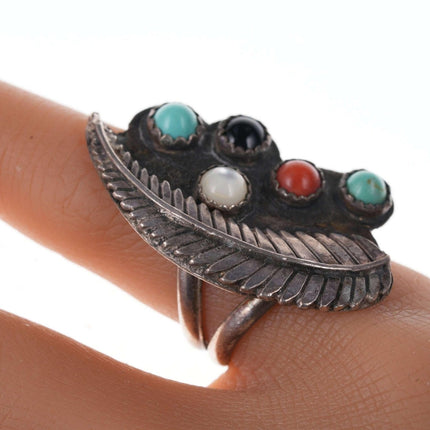sz6.25 Vintage Native American Multi-Stone Sterling feather ring