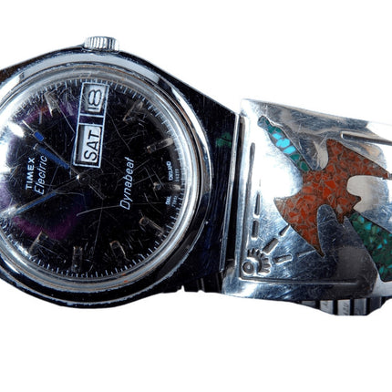 Vintage Navajo Sterling Chip Inlay Uhr in Türkis und Koralle mit Timex Electric Dynabeat