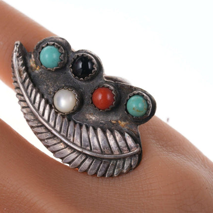 sz6.25 Vintage Native American Multi-Stone Sterling feather ring