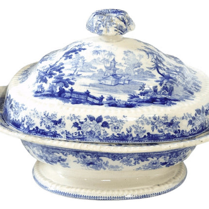 c.1850 Blue Transferware Covered Vegetable dish Chinoiserie pattern