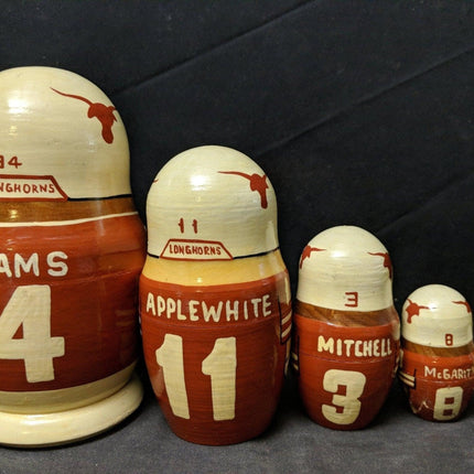 1998 年德克萨斯大学长角牛队橄榄球 Big 12 棉花碗冠军俄罗斯嵌套娃娃套装 Ricky Williams、Applewhite、Mitchell