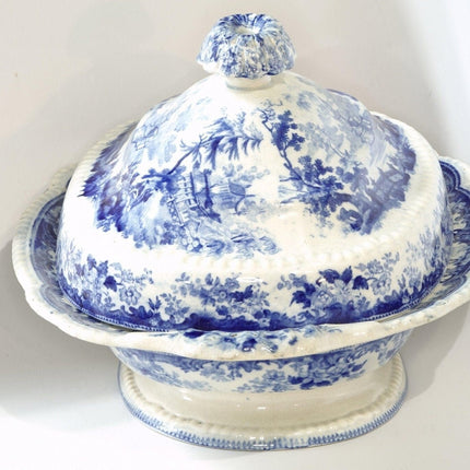 c.1850 Blue Transferware Covered Vegetable dish Chinoiserie pattern