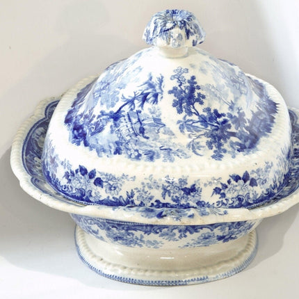 c.1850 Blue Transferware Covered Vegetable dish Chinoiserie pattern