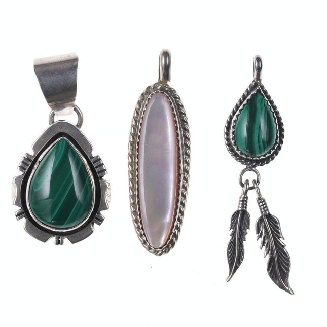 3 Vintage Native American Sterling Malachite/mother of pearl pendants