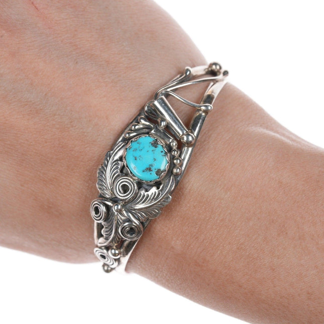 6.25" Vintage Navajo silver and turquoise bracelet with leafwork