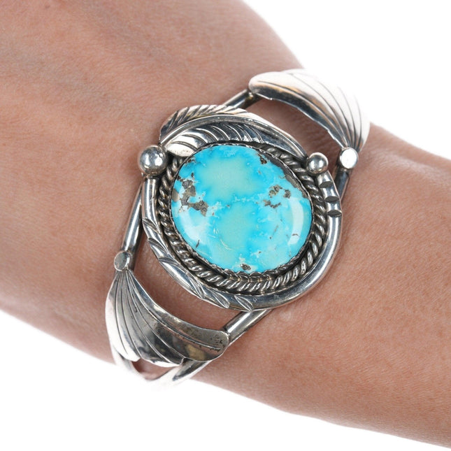 Bracciale da 6,5" in argento Navajo vintage e turchese con design a foglia