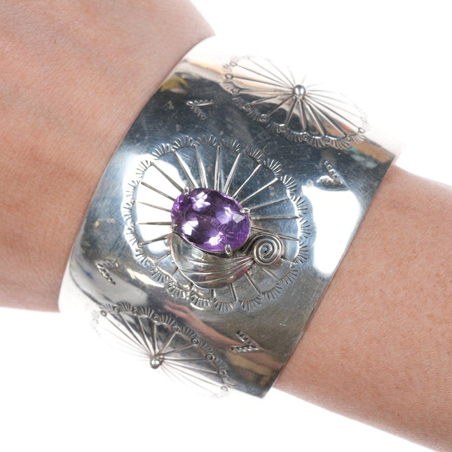 7" Southwestern Sterling and Amethyst wide cuff bracelet