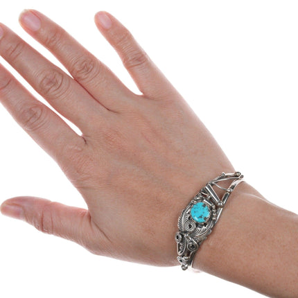 6.25" Vintage Navajo silver and turquoise bracelet with leafwork