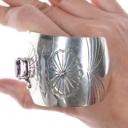 7" Southwestern Sterling and Amethyst wide cuff bracelet