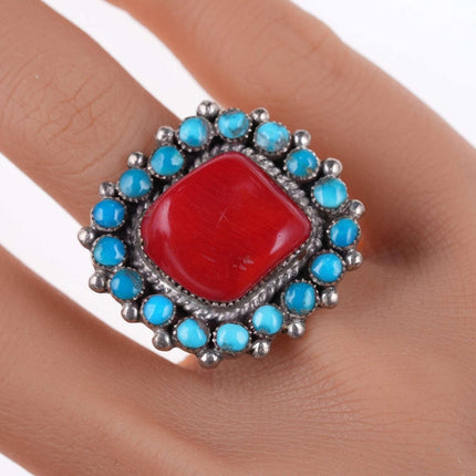sz8.25 Vintage Native American sterling turquoise and coral ring