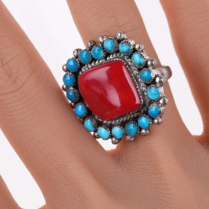 sz8.25 Vintage Native American sterling turquoise and coral ring