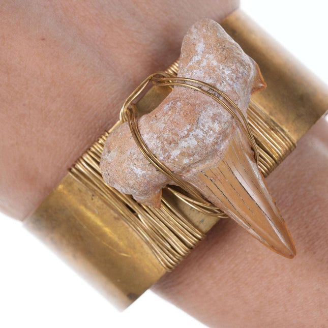 Retro Handmade Petrified Sharks tooth brass bracelet