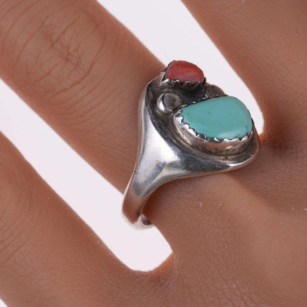 Sz10 Navajo sterling turquoise and coral ring