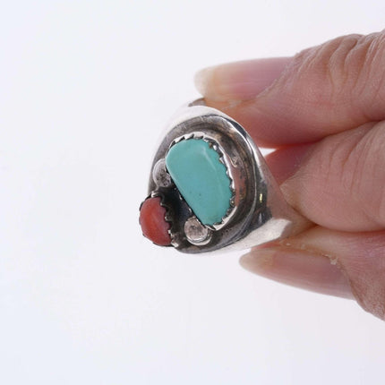 Sz10 Navajo sterling turquoise and coral ring