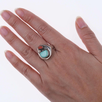 Sz10 Navajo sterling turquoise and coral ring