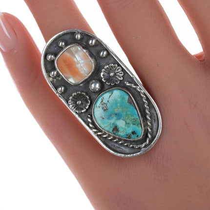 sz6 Vintage Native American silver, turquoise, and shell ring