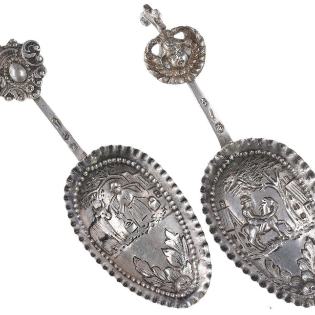 2 Antique Dutch Repousse silver tea caddy spoons