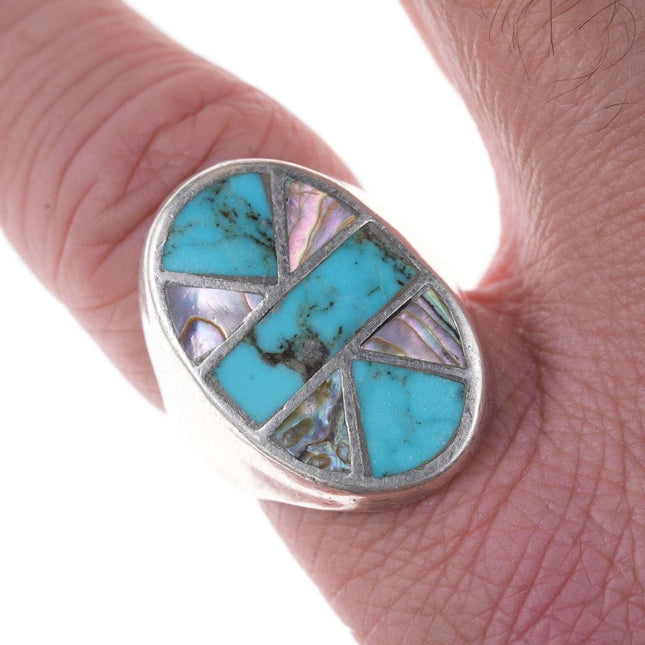 Sz10.5 Native American Sterling Channel inlay turquoise/shell ring