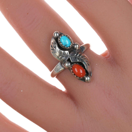 sz7 Vintage Native American silver, turquoise, and coral ring