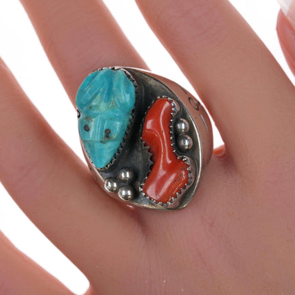 sz12.5 Large Zuni Carved Frog  Turquoise, Coral Silver ring