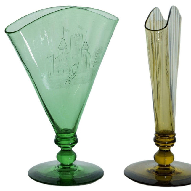 1920's Steuben Carder Era Fan Vase Pair, One green with castle etching, one ambe