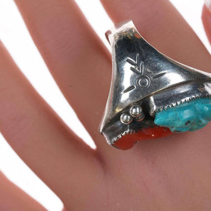 sz12.5 Large Zuni Carved Frog  Turquoise, Coral Silver ring