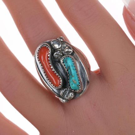 sz11 Vintage Native American sterling, turquoise and coral ring