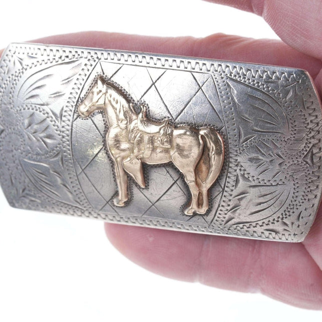Vintage Ricardo solid 10k gold on Sterling hand engraved horse belt buckle