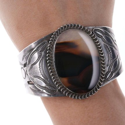 c1940's Native American Heavy stamped silver Agate cuff bracelet