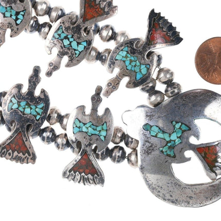 1970's Navajo Turquoise and Coral Chip Inlay and Silver Bird Squash Bloss