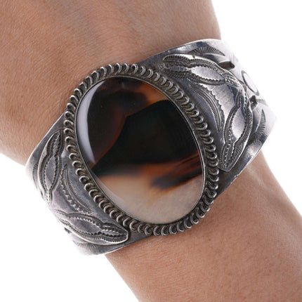 c1940's Native American Heavy stamped silver Agate cuff bracelet