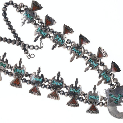 1970's Navajo Turquoise and Coral Chip Inlay and Silver Bird Squash Bloss