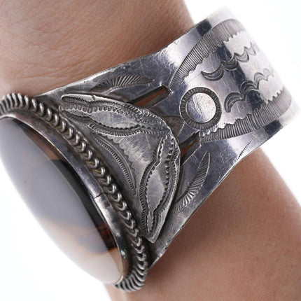 c1940's Native American Heavy stamped silver Agate cuff bracelet