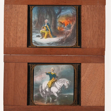 c1890 Magische Laterne aus Holz und Glas. Dias Washington beim Gebet und ein Porträt von George Washington