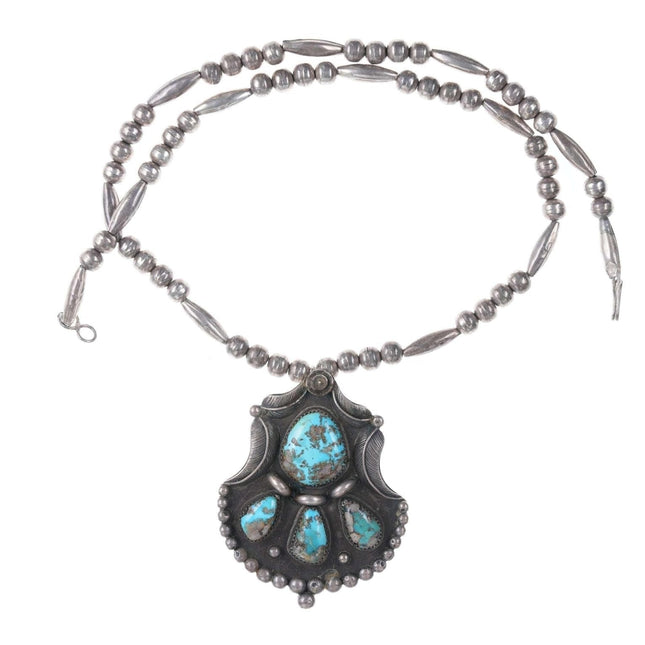 Large Vintage Navajo silver and turquoise pendant on beaded necklace
