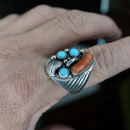 J.S. Silversmith Navajo Sterling and Turqoise Coral Mens Ring Large Chunky Size