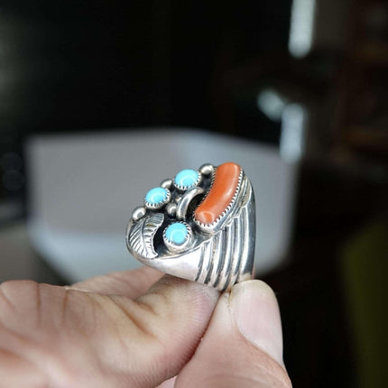 J.S. Silversmith Navajo Sterling and Turqoise Coral Mens Ring Large Chunky Size