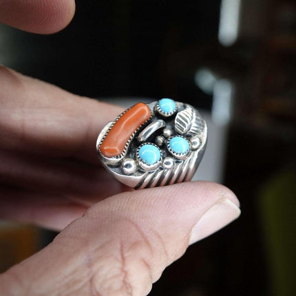 JS Silversmith 纳瓦霍纯银和绿松石珊瑚男士戒指大号粗尺寸 10.75